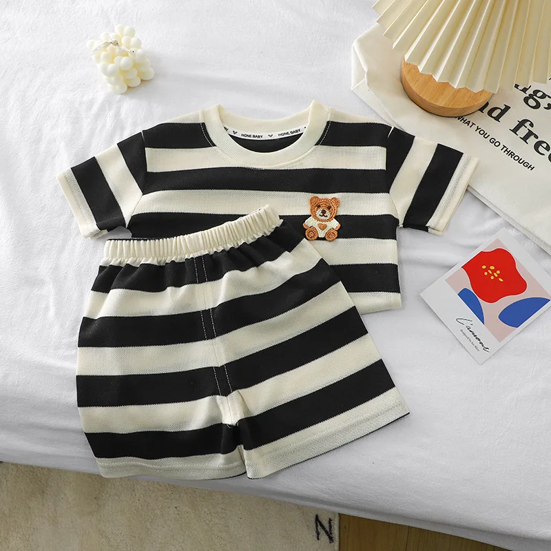 Summer Baby Girls Clothes Stripe Knit T-shirts and Shorts 2 Pieces Set Kid Children Boy Casual Short Sleeve Top Bottom Outfits