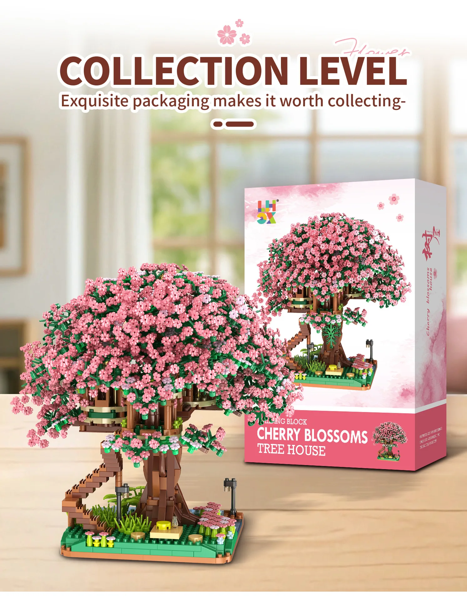 Baumhaus-Baustein-Set, Regenbogen-Sakura, Weihnachten, rote Kirschblüten, 3D-Modell, Mini-Bausteine, Figuren, Spielzeug für die Heimdekoration – Detail 17