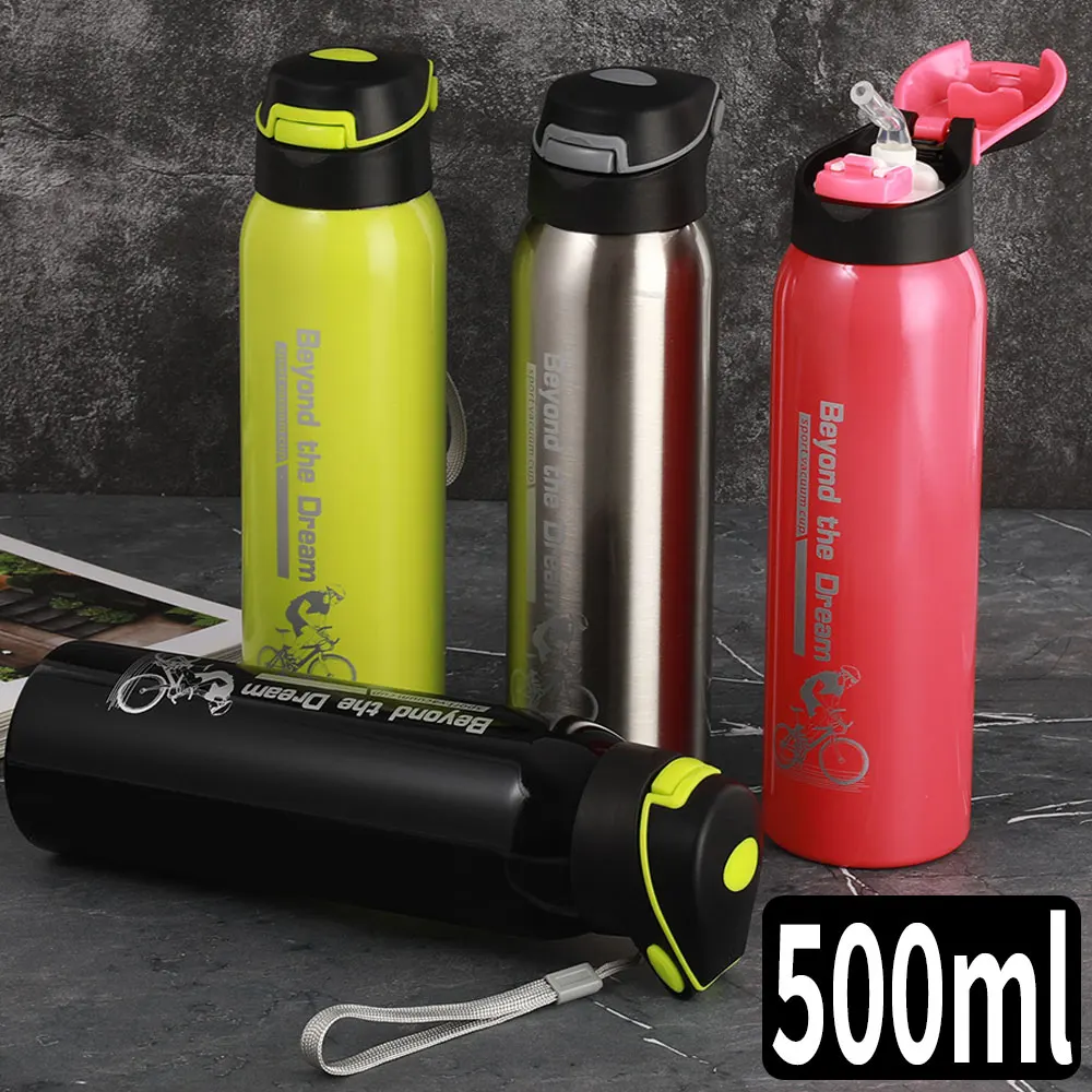 

500ML Bicycle Water Bottle Vacuum Stainless Steel Cycling Water Bottle Double Walled Simple Thermo Mug Insulated With Straw