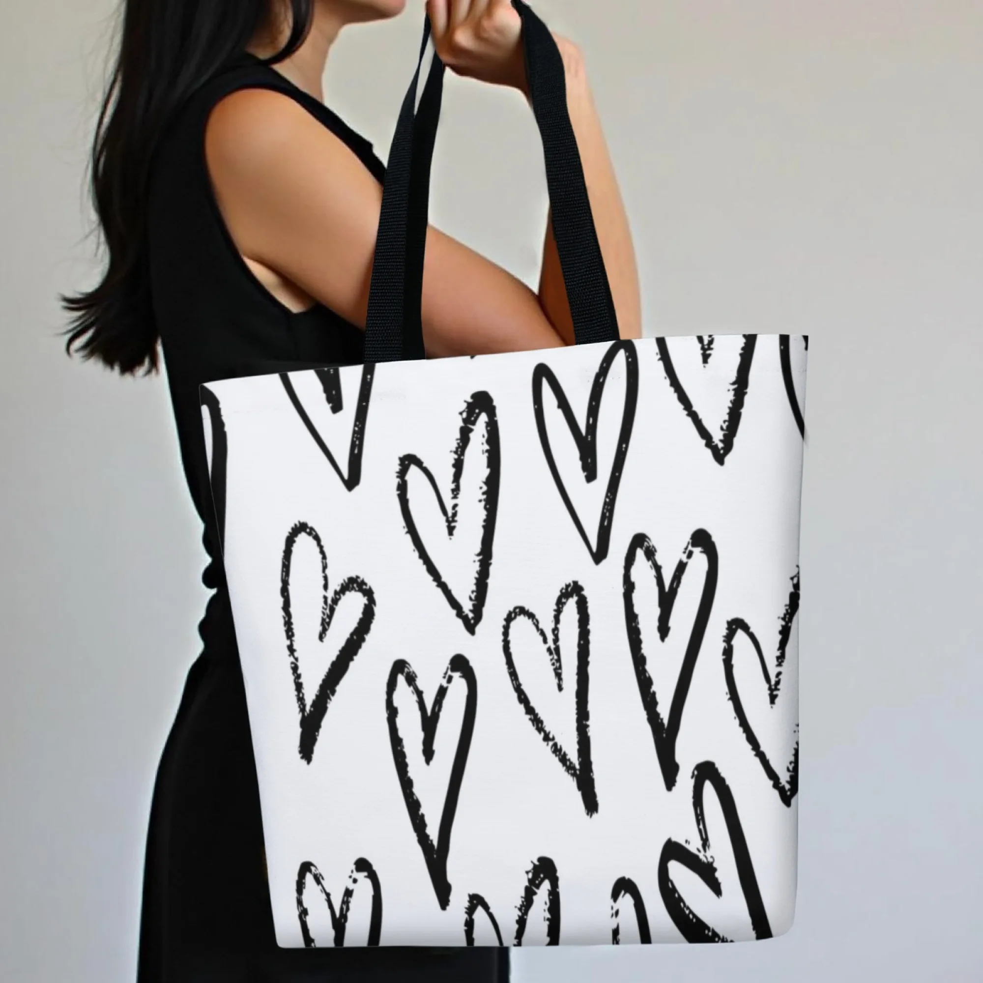 Graffiti Heart Style Women Canvas Tote Bag Lack & White Brush Stroke Heart Large Reusable Shopping Bag for Daily Romantic Trips