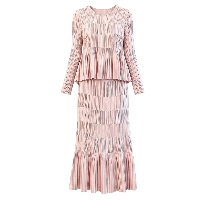 Miyake High-End Pleated Skirt Set Plisse Women 2026 Spring Autumn Commuter Slim Fit Top+Fishtail Skirt Pink Casual 2-Piece Set