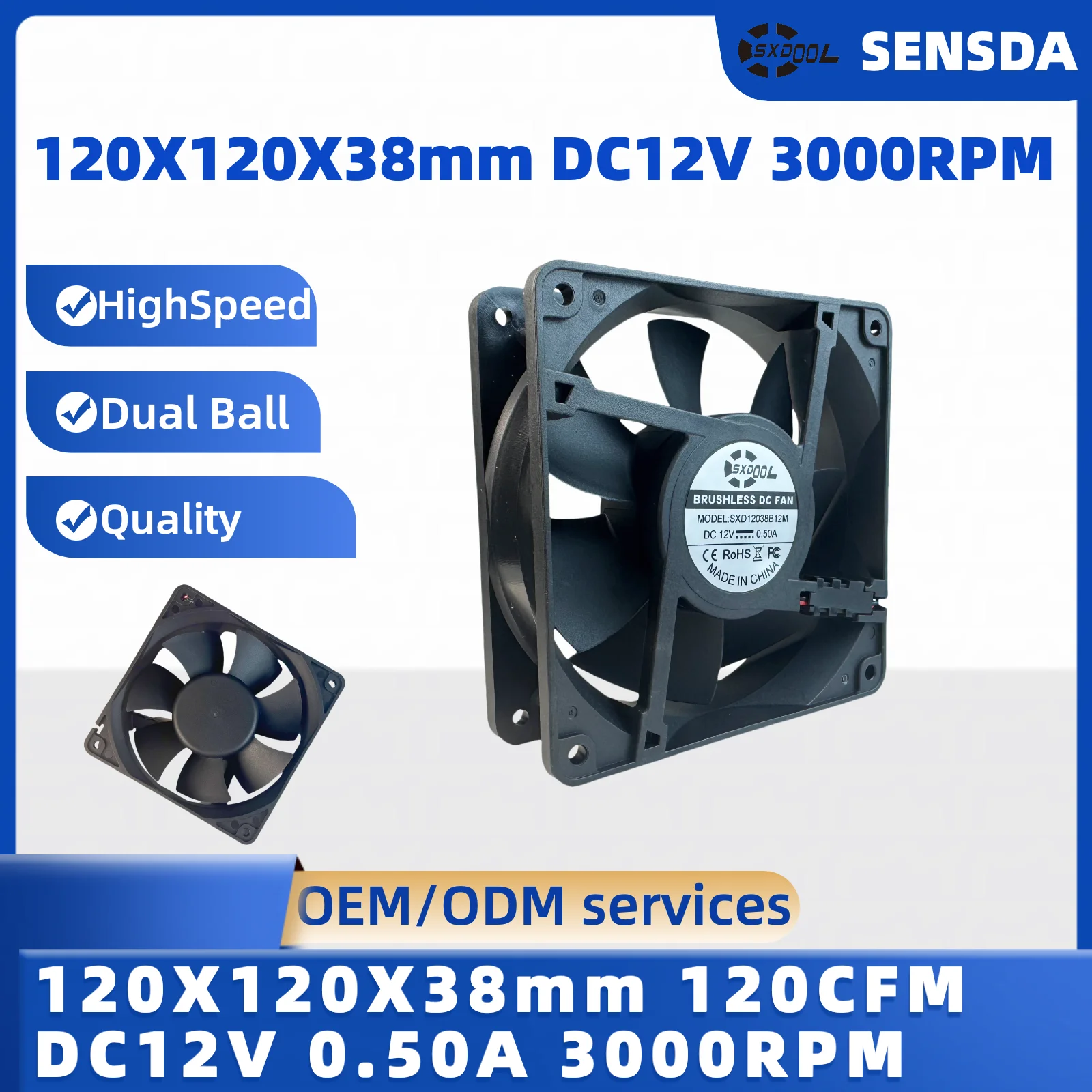 

12038 Axial Fan 12V 0.50A - High Airflow 120CFM 12cm Cooling Fan | Dual Ball Bearing, 43dBA | for PC/Server/Welder​