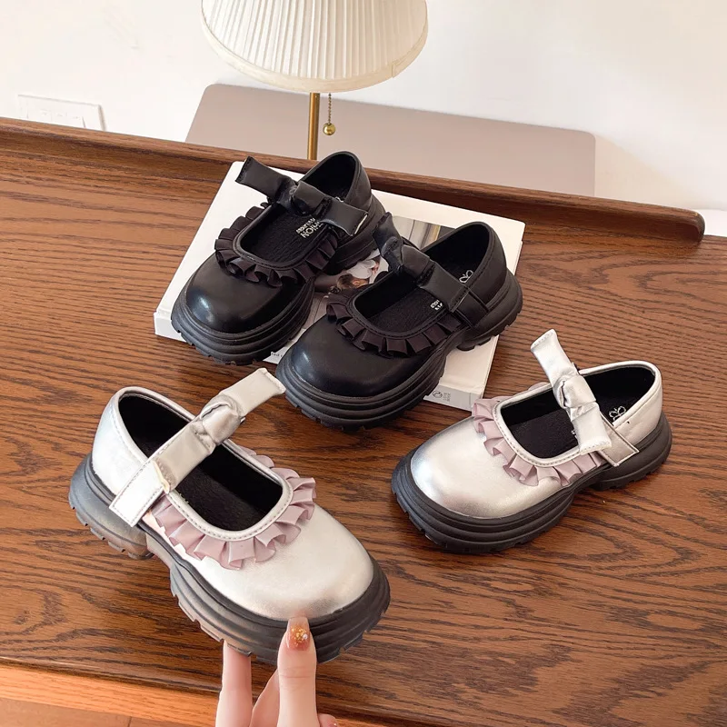 Petites chaussures en cuir pour filles, chaussures à plateforme avec nœud vent, bouche carrée, princesse, nouvelle collection printemps et automne 2025