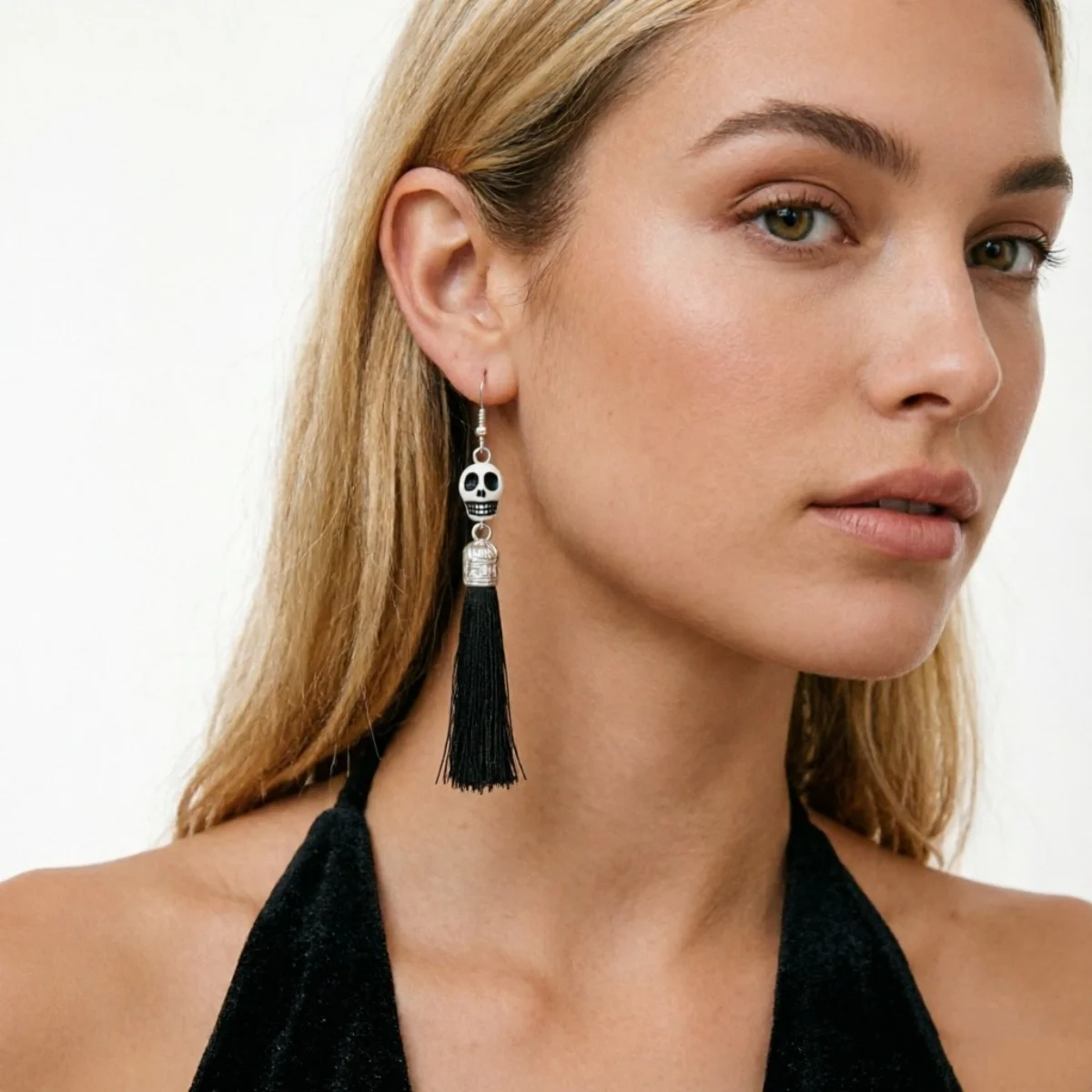 Schwarz-weiße Ohrringe mit grinsendem Totenkopf und Quasten für Damen, Gothic-Punk, dunkler Stil, Skelett-Karnevals-Ohrringe, Halloween-Schmuck – Detail 17
