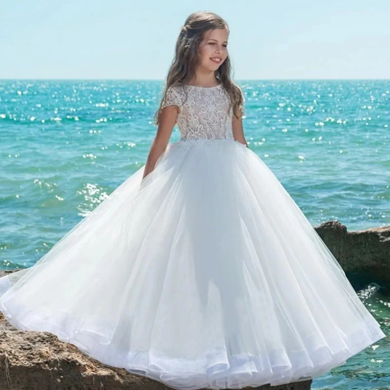 

Customized Elegant Flower Girl Dresses For Wedding Appliques Floor Length Simple Princess Birthday Party First Communion Gown