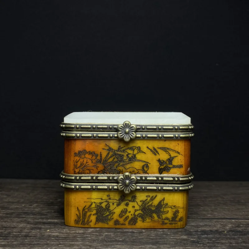 Antique White Marble Jewelry Box Old Ox Bone Inlaid White Jade Carved Double-Layer Rouge Box a Variety of Patterns