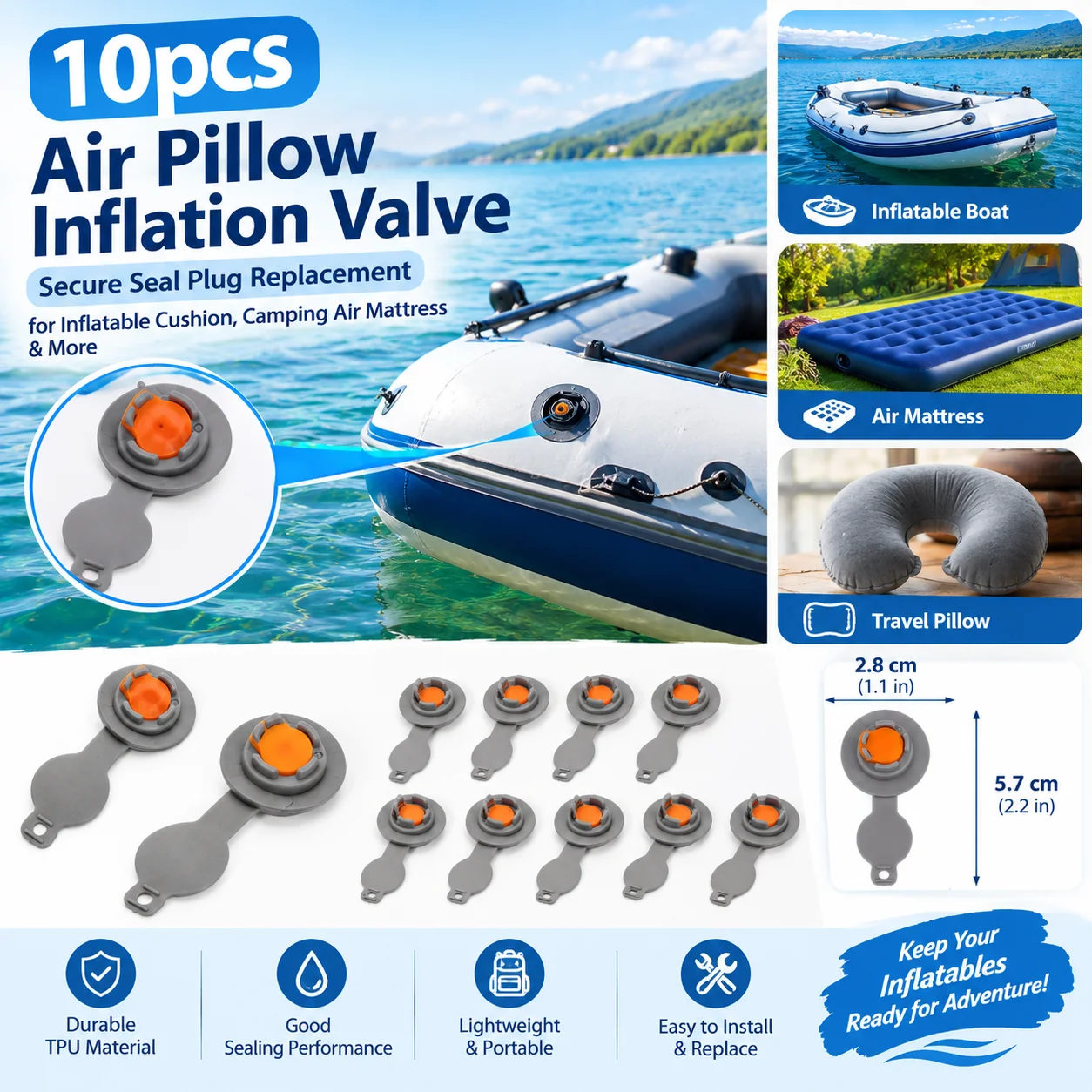 10 Pcs  Camping Gear Inflatable Valves Universal Inflatable Valve Caps Tpu Valve Air Pillow Inflation Valve Airplane Replacement