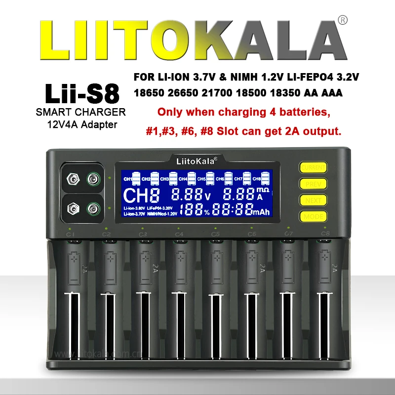 LiitoKala Lii-S8 Lii-S12 LCD Battery Charger for Li-ion LiFePO4 Ni-MH Ni-Cd 9V 21700 20700 26650 18350 18650 RCR123 18700