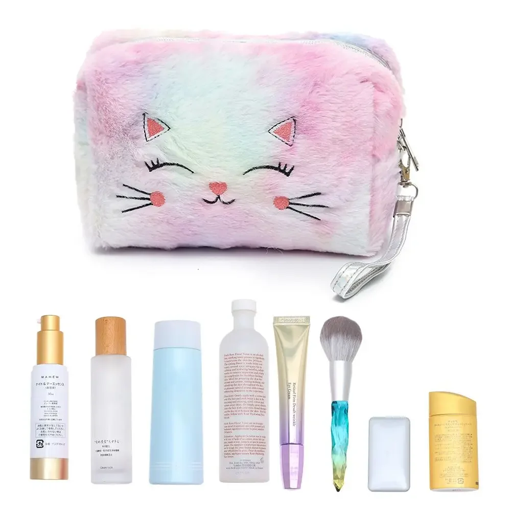 Cartoon Plush Cat Cosmetic Bag Women Colorful Makeup Pouch Portable Toiletry Bag Travel Organizer Female Beauty Case Neceser