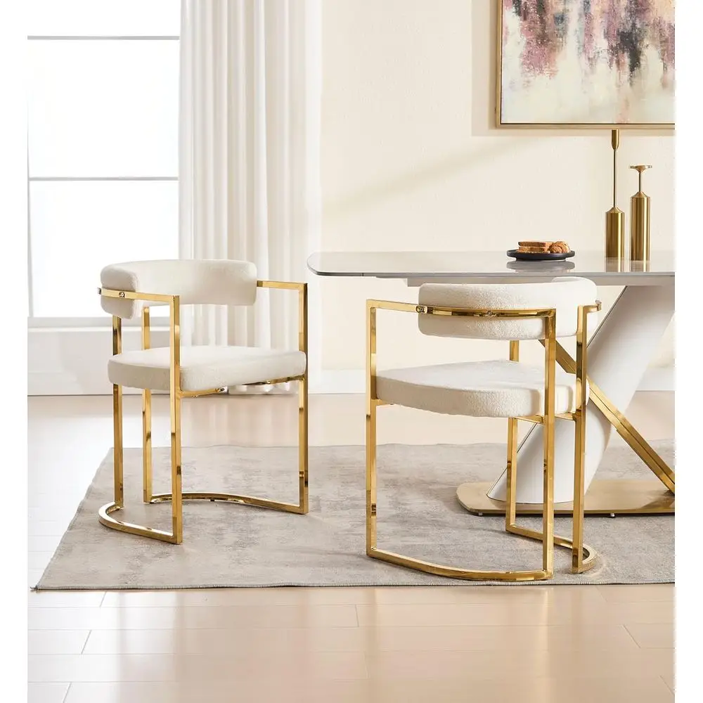 

Pair of White Upholstered Dining Chairs with Armrests and Gold Legs for Kitchen or Living Room