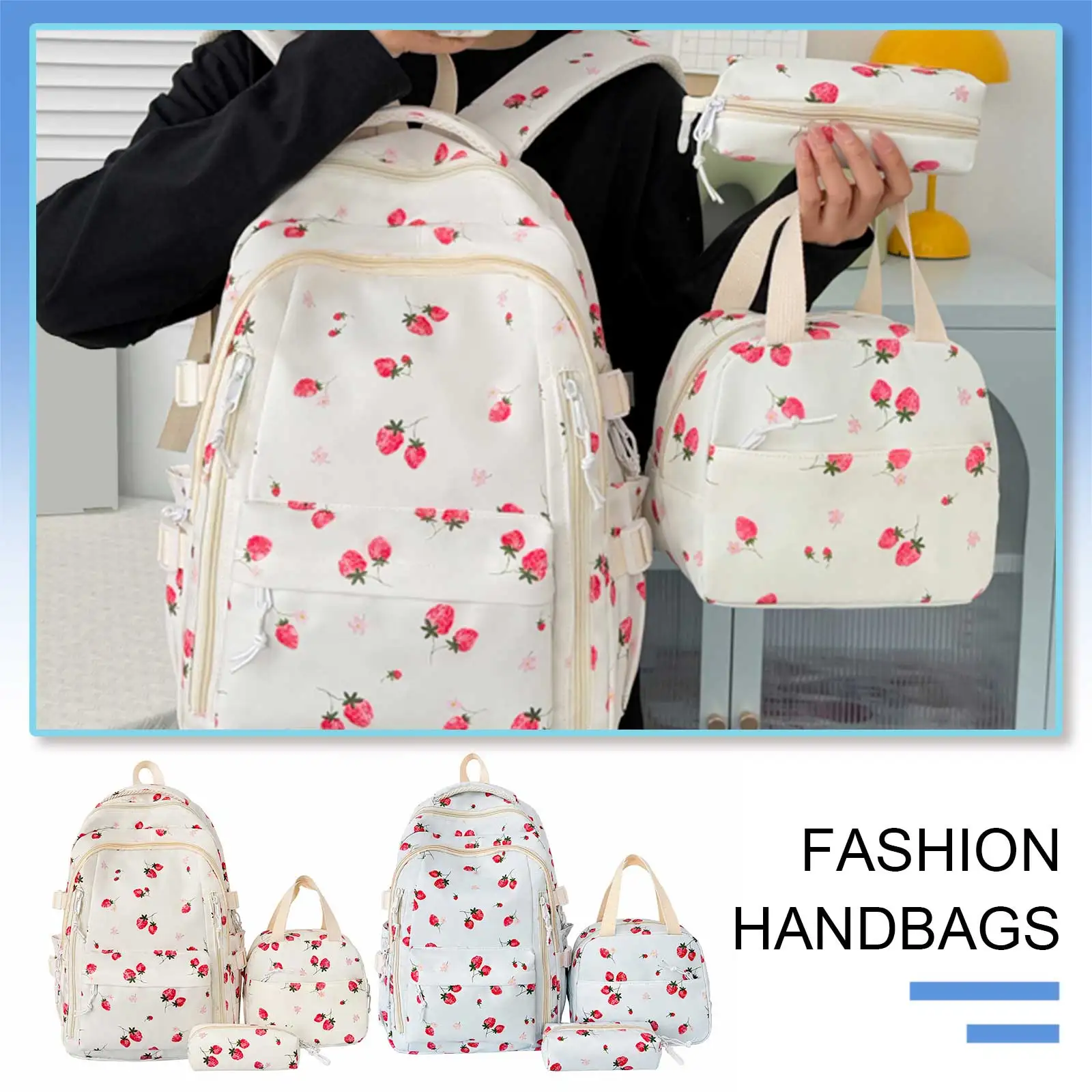 Strawberries Cute Kawaii Backpack Set with Lunch Bag & Pencil Pouch Aesthetic Daypack Aesthetic Preppy Backpack for Kids Teens