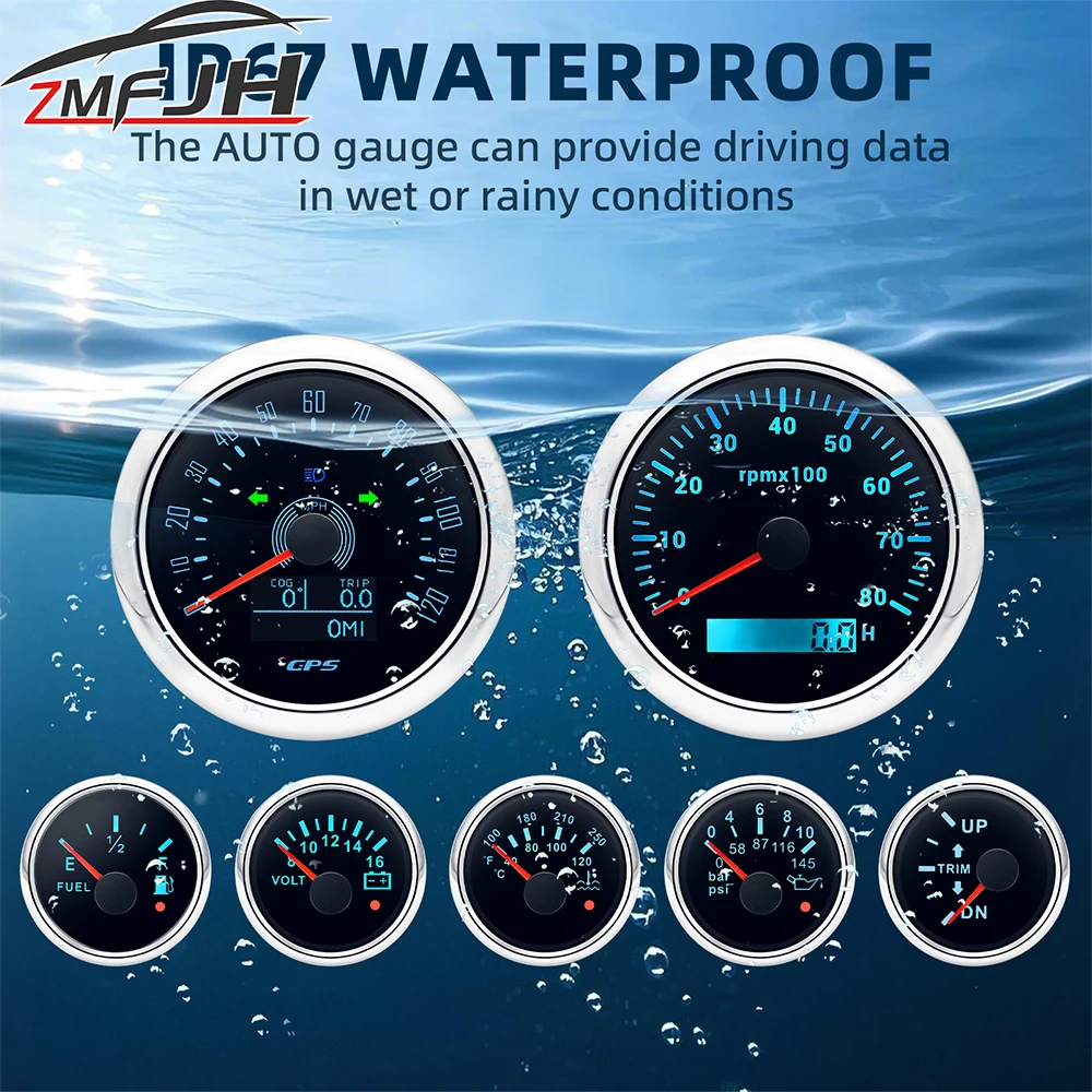 7 Gauges Set Digital GPS Speedometer Tachometer Water Temp Oil Press Fuel Gauge Voltmeter Trim Gauge For Marine Boat Car