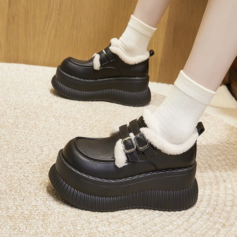 NEW Winter Women Platform Cotton Shoes Female Warm Plush Loafers Thick Bottom Casual Short Boots Ladies Microfiber Leather Shoes