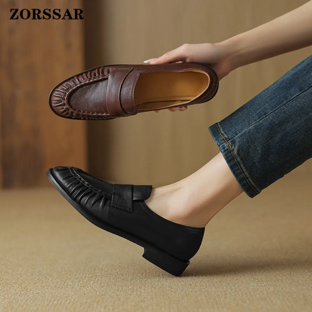 

Women's Ruched Square Toe Flats Loafers Vintage Leather Slip on Trendy Aesthetic Casual Street Style Ladies Dark Brown Shoes