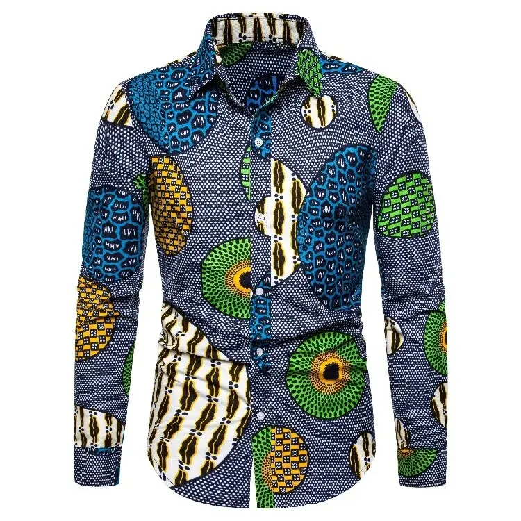 Afrikaanse Traditionele Print Heren Overhemden Casual Single-Breasted Blouses Lange Mouwen Shirt Streetwear Trend Revers Tops Heren Kleding