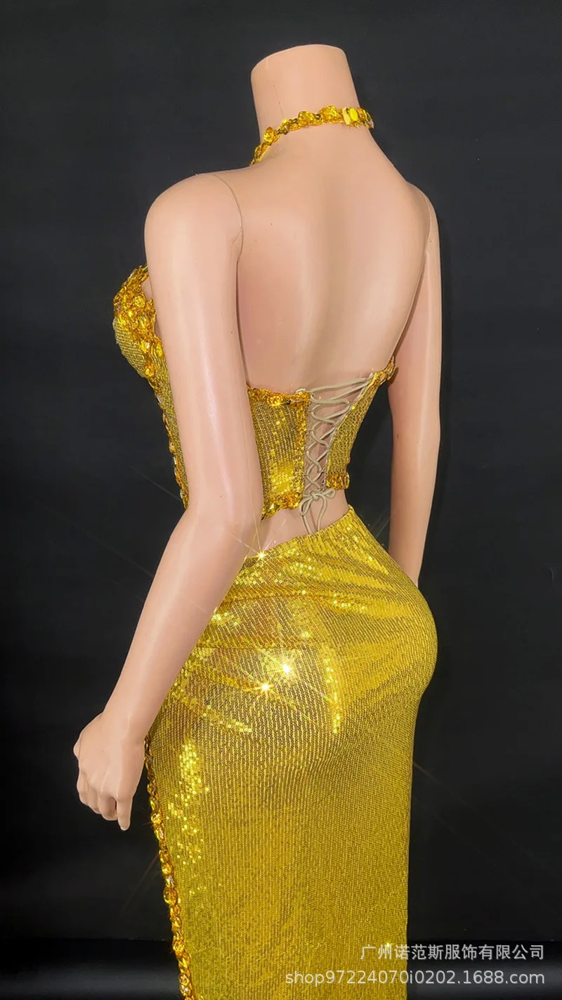 فستان ذهبي لامع مثير بفتحة عالية للكبار نموذج المنصة الملابس العصرية شركة الاجتماع السنوي فساتين ماكسي لضيوف الزفاف #5