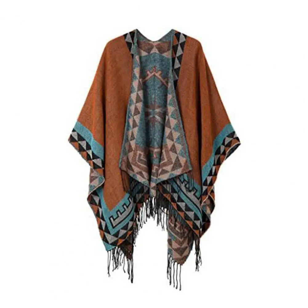 Women Shawl Vintage Print Tassel Irregular Hem Loose Imitation Cashmere Open Sticth Fall Winter Cape Poncho