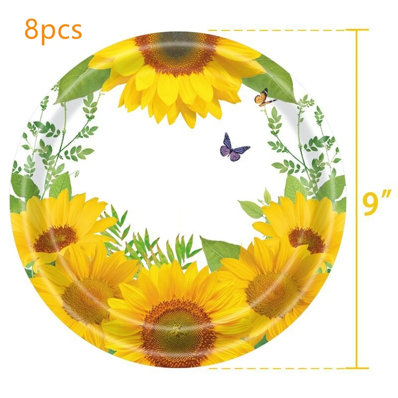 Sunflower Theme Birthday Party Disposable Tableware  Butterfly Green Leaf Spring Travel Supplies Wedding Baby Shower Decoration