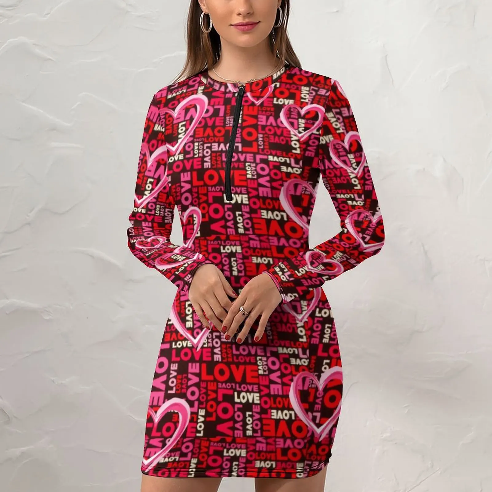 Red Heart Print Dress Long Sleeve Cute Valentines Day Cute Dresses Spring Womens Street Style Print Bodycon Dress Big Size 2XL