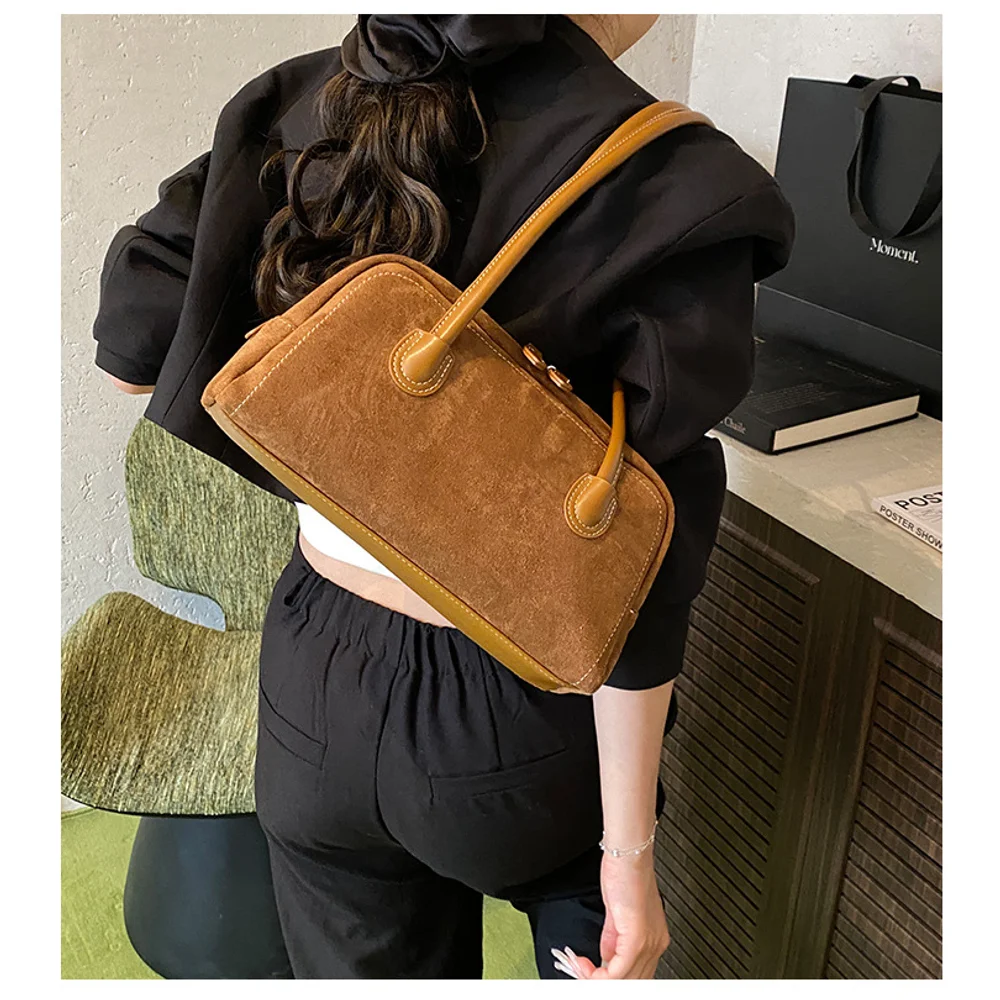 

Autumn style suede French bag for women, large capacity commuter bag, casual retro Boston style, underarm single shoulder bag