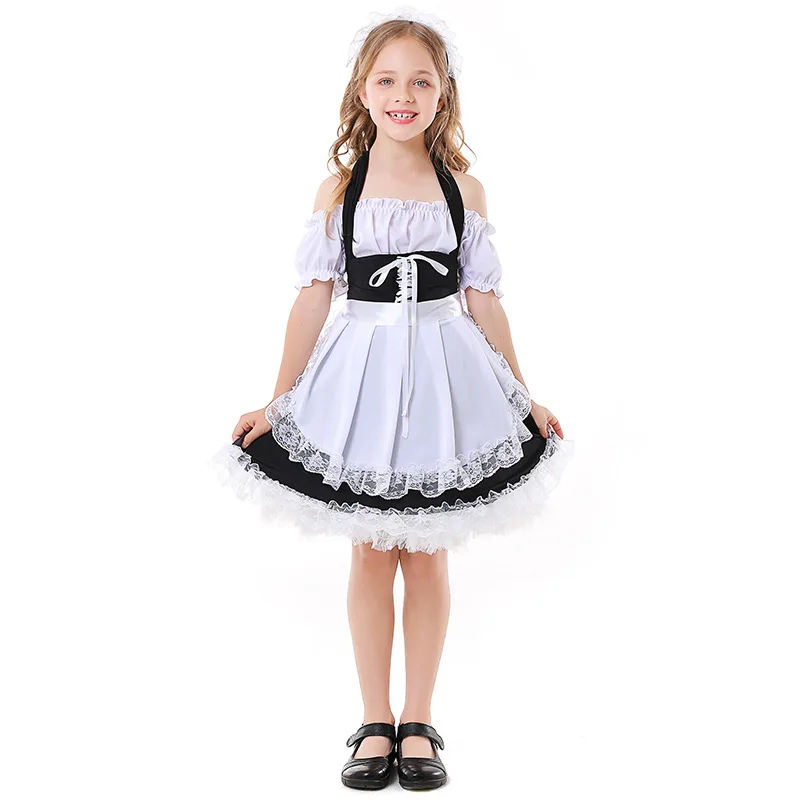 Kids Child Lovely Maid Cosplay Costume for Girls Lolita Black White Halter Dress Fantasia Halloween Costumes