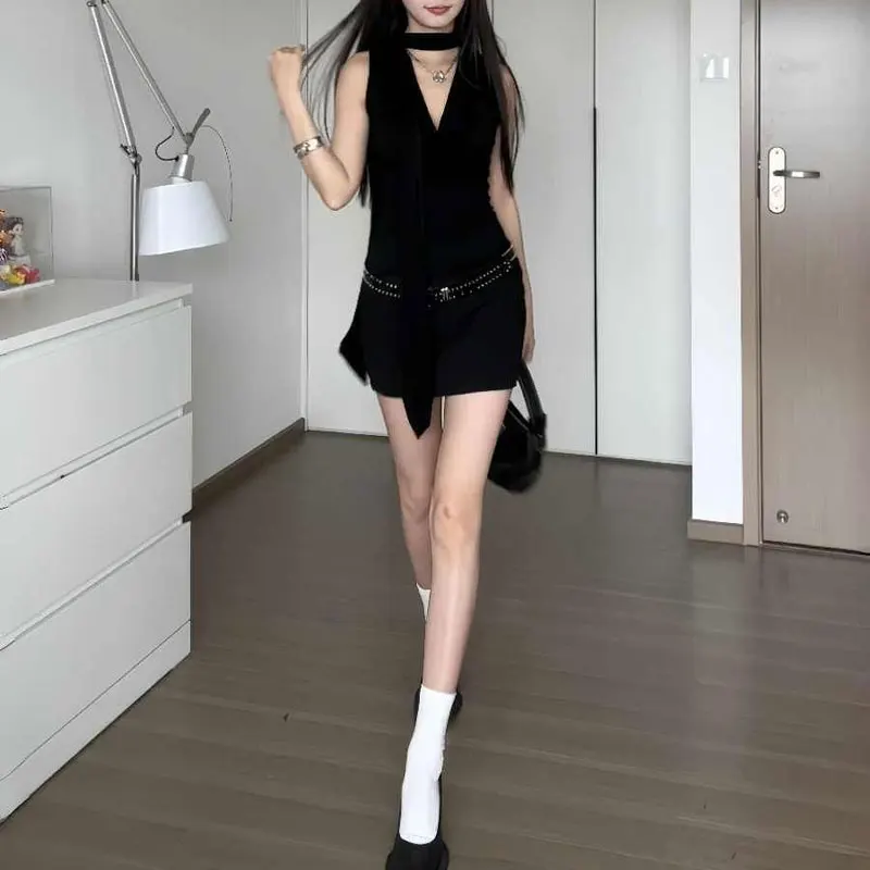 American Hotsweet Swinging Collar Mini Dress Summer Halter Ribbon Female Clothing Sleeveless Solid Color Slim Bag Hip Dresses