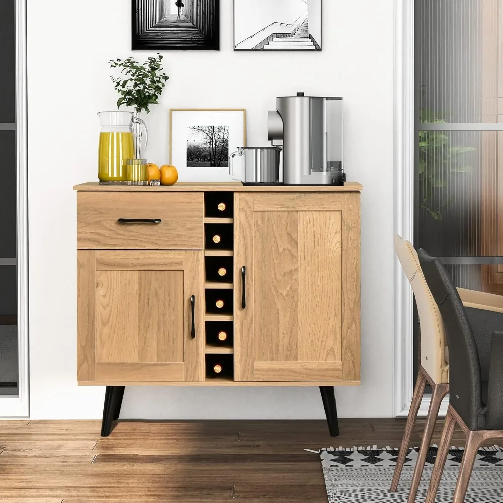

Wine Bar Cabinet, Buffet Sideboard with 2 Doors & 1 Drawer, 6-Bottle Wine Rack, Adjustable Shelves, Cupboard with Storage