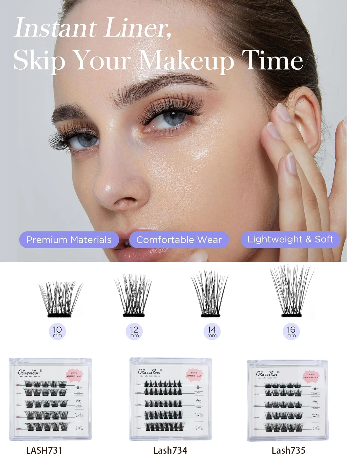 Olasalon Self Adhesive Lash Clusters  D+ Curl Press-On No Glue Needed DIY Lash Extension Reusable Cluster Lashes Fuss Free No St