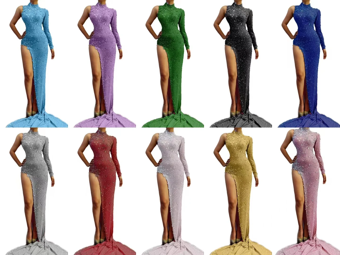 

Fencaiduantuowei Pink One Shoulder Rhinestone Maxi Dress High Neck Bodycon Gown High Slit and Train for Formal Party Prom Gowns