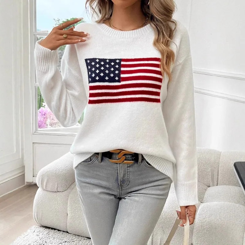 2025 New Women's American Flag Easter Knit Sweater Oversized Comfortable Loose Fit Round Neck Pullover for Independence Day