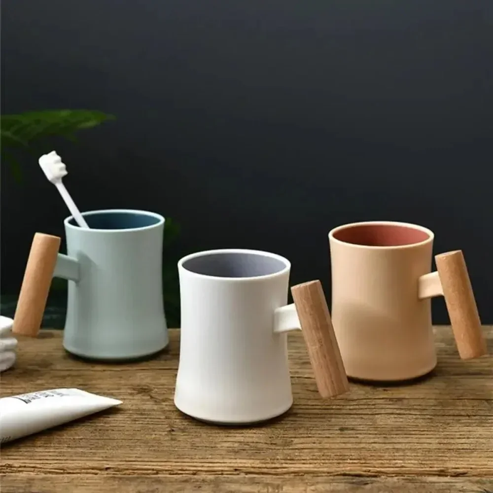Double Layer Contrast Color Plastic Couple Mouthwash Cup With Wooden Handle Bathroom Toothbrush Storage Cup