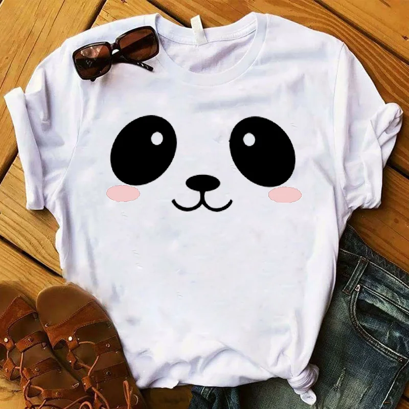 Women T Womens Cartoon Panda Face Cute Summer Print Graphic Tee Shirt Femme Top Tshirt Nice Ladies Pretty T-shirt