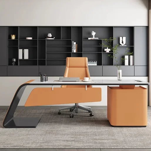 

'Shaped Manager Office Desk with Glass Top and Solid Wood Construction for a Sleek Look