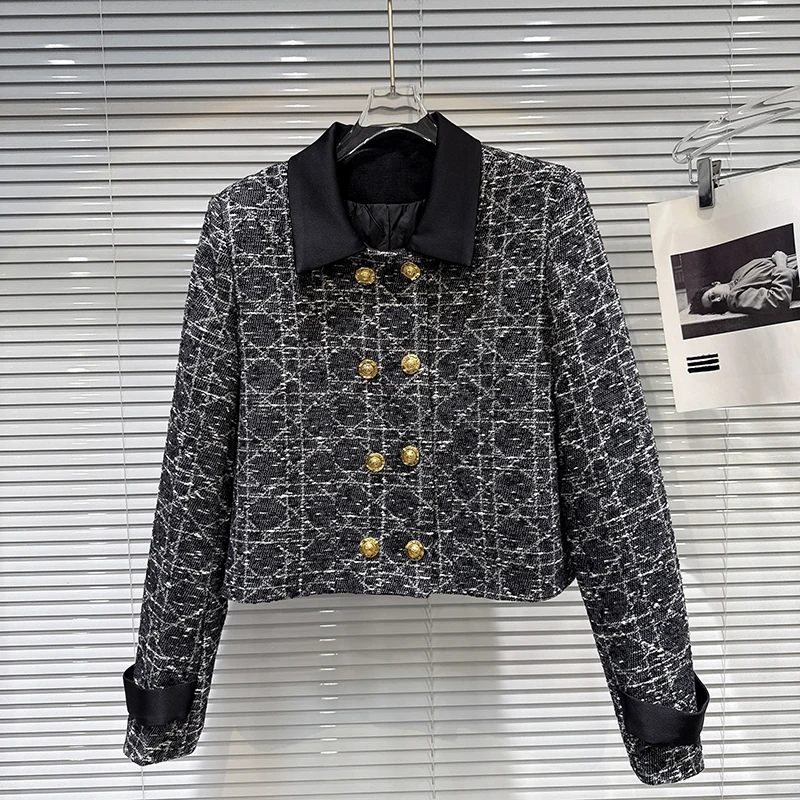 

2025 Winter New British Style Lapel Collar Double Breasted Woolen Down Lined Short Coat Women Elegant Temperament Top