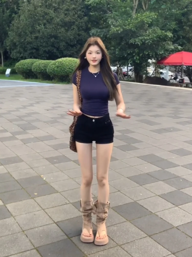 Retro Amerykańskie Jeansowe Szorty Damskie z Wysokim Stanem Wyszczuplające Uniwersalne Spodnie w Kształcie Litery A z Prostymi Szerokimi Nogawkami Hot Girls Shorts
