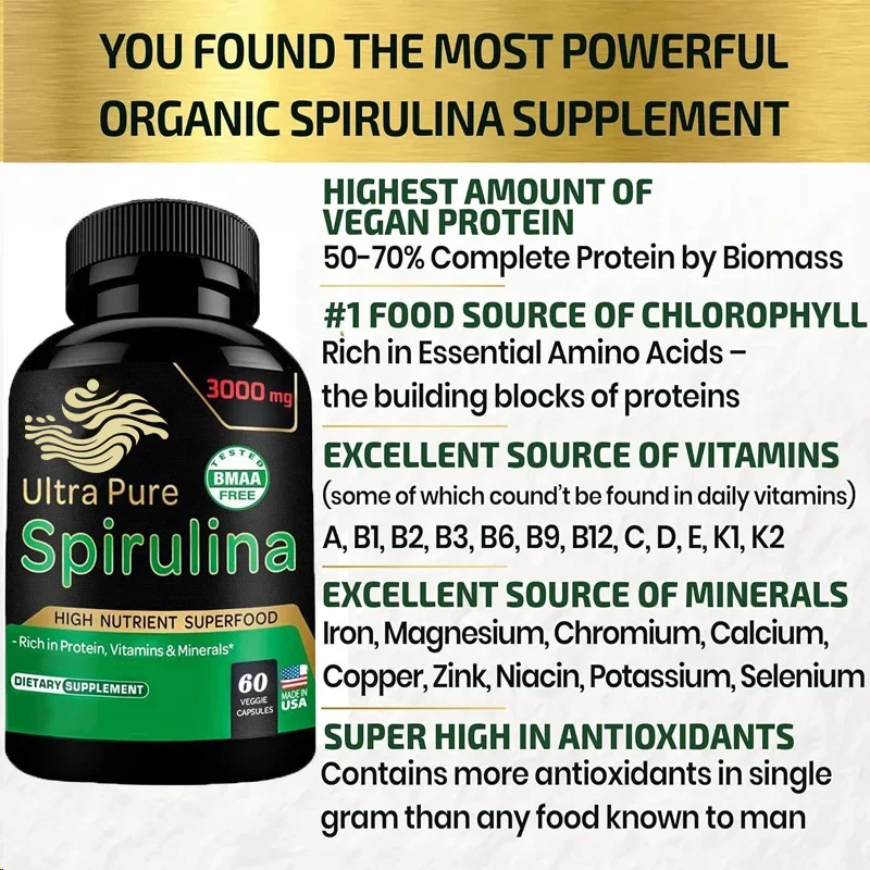 Espirulina orgánica en polvo 60 cápsulas 300 mg La mejor proteína vegetariana original - Superfood verde - Multivitamina natural