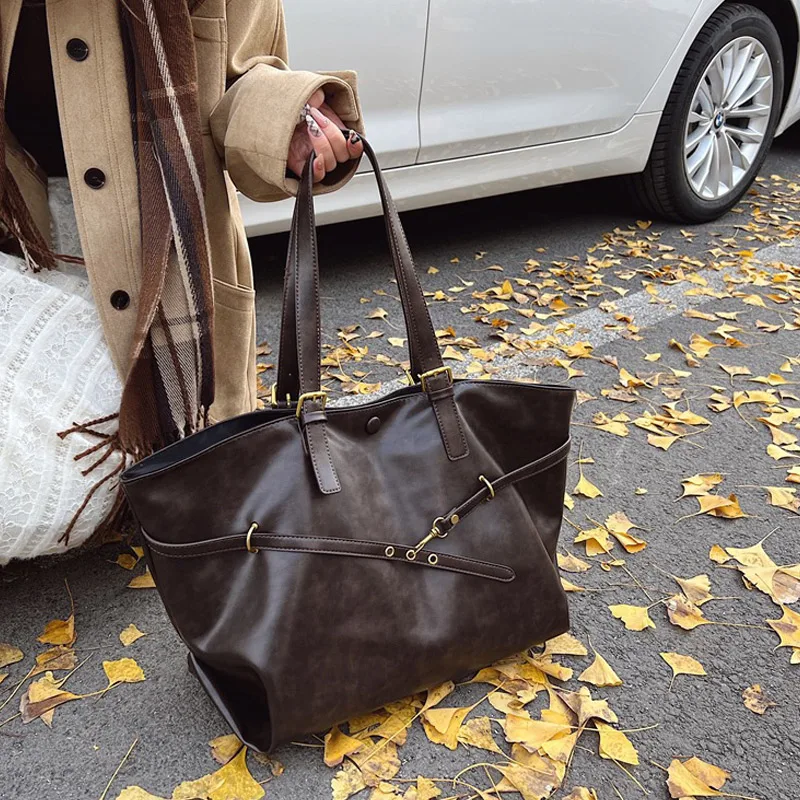 

Europe America Fashion Tote Bag Retro Large-capacity Shoulder Bags High-end Solid Color Casual Bag Premium Leather Commuter Bags