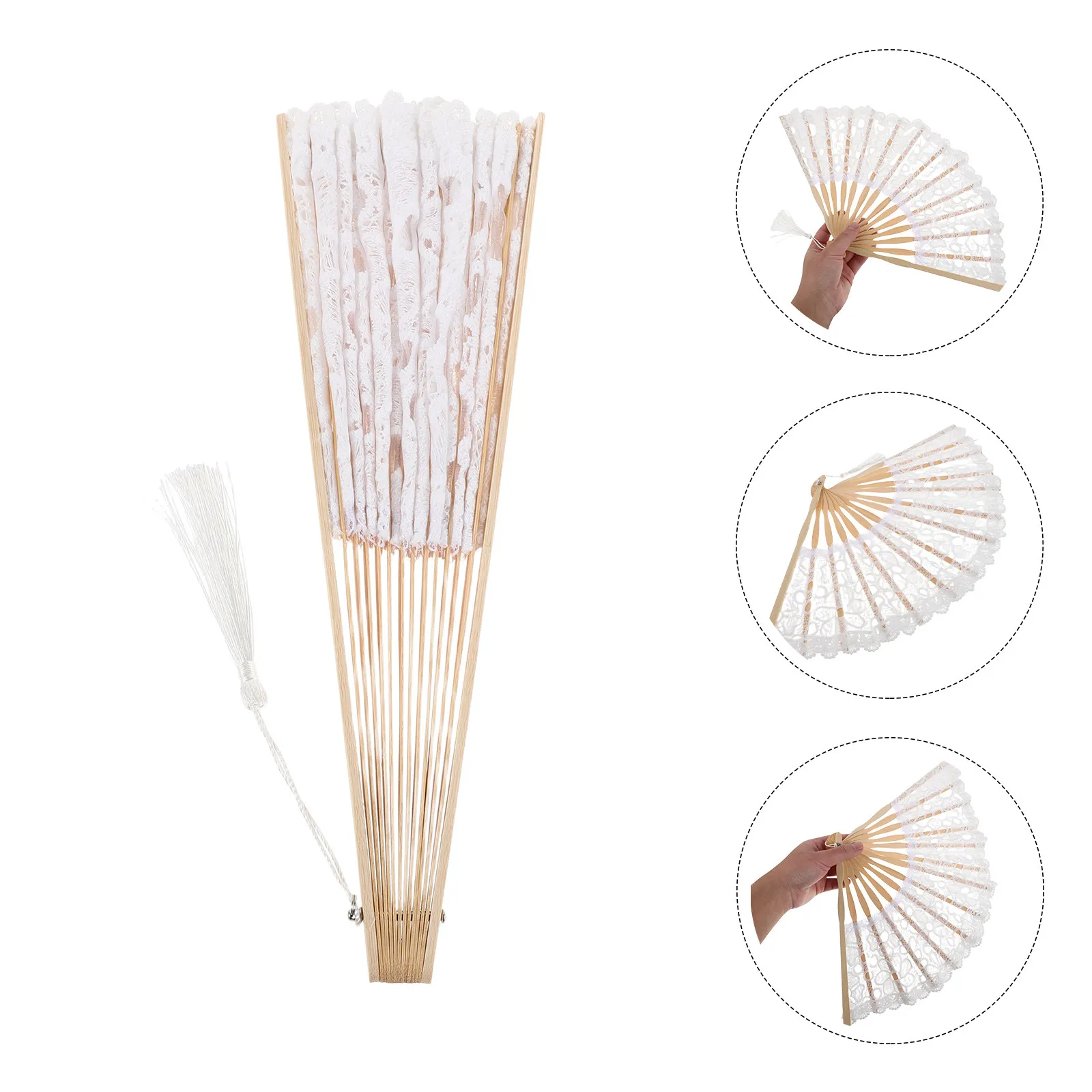 19Inch Lace Folding Hand Fan Elegant Bamboo Frame Tassel for Wedding Bridal Shower Party Dancing Festival Fan Bamboo Hand Fans