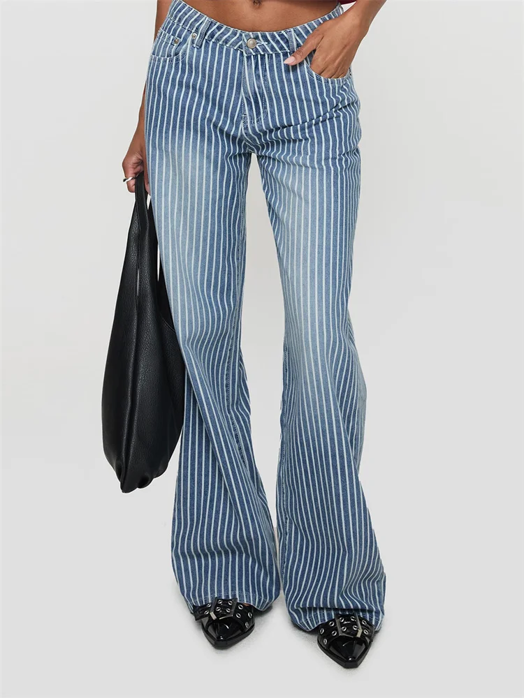 GuliriFei Fashion Women Wide Leg Flare Jeans Striped Print Print Low Waist Denim Pants Loose Casual Bell Bottoms Clubwear 2025