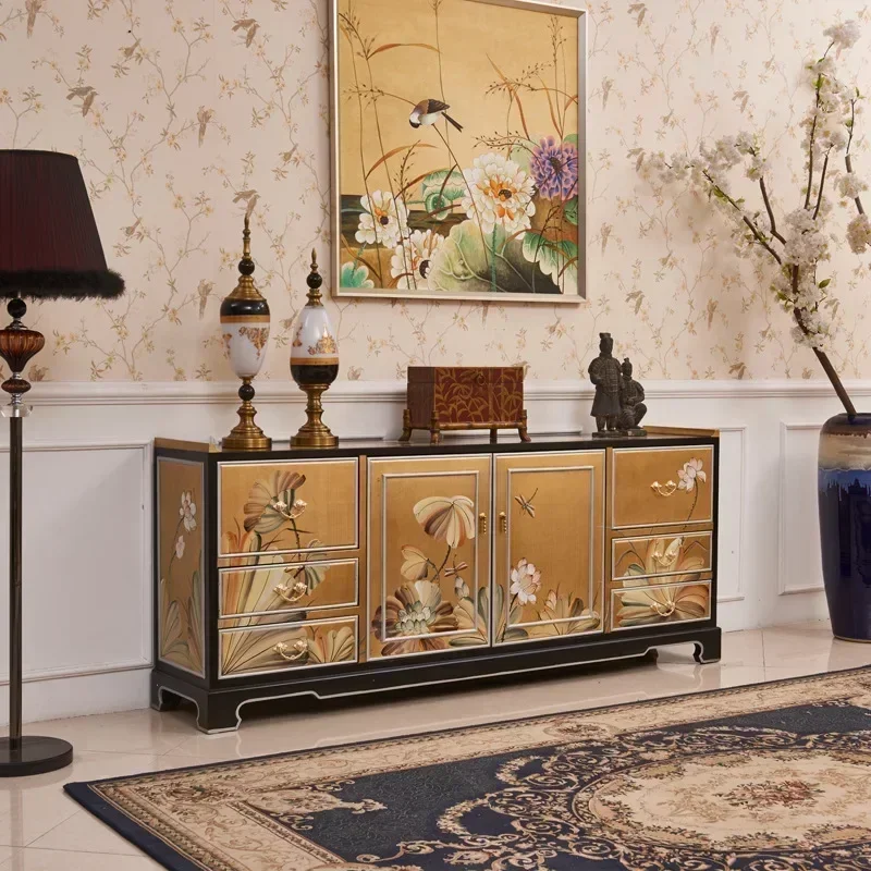 2023 New Designer Furniture New Chinese Model House Living Room Gold Foil Painted Lotus TV Floor Cabinet