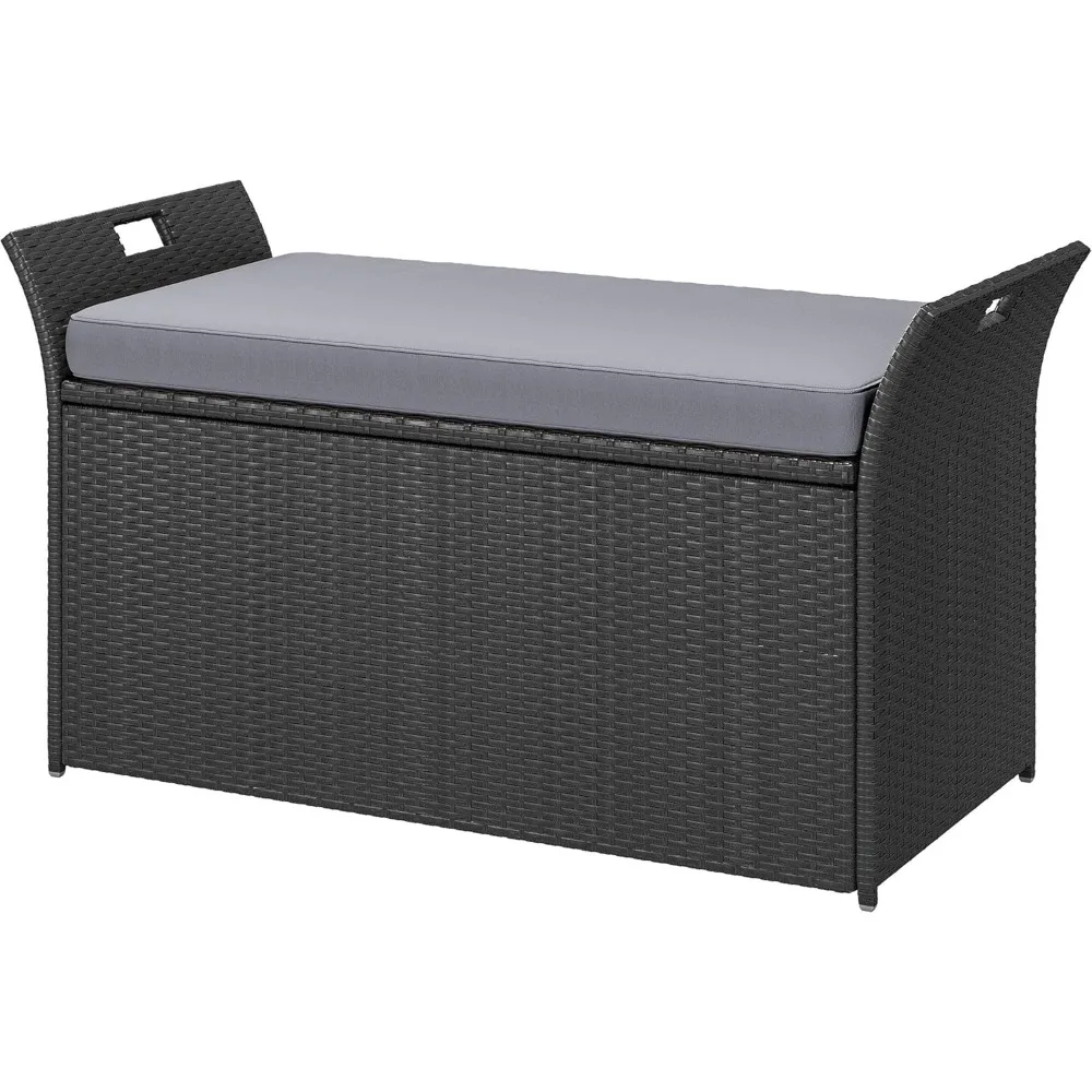 

90 Gallon Outdoor Storage Bench,Rattan Deck Box with Cushion, Outside Bench for Patio Storage,Yard,Pool,Garden,Black&Grey
