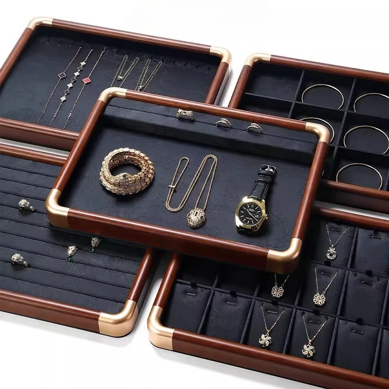 

Premium Jewelry Display Tray Wood Grain Ring & Necklace Showcase Luxury Bracelet Viewing Plate Velvet Lined Collection Stand