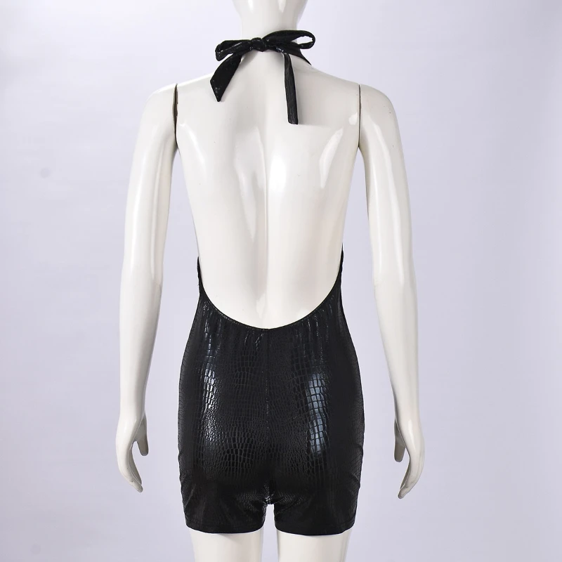 الرسن مثير قطعة واحدة السروال القصير النساء العميق الخامس الرقبة فو الجلود عارية الذراعين أكمام Bodycon وزرة الساخن فتاة كلوبوير #6