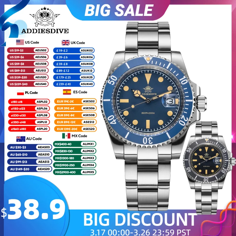 ADDIESDIVE New Men Watch Quartz Wristwatch 200m Waterproof Super C3 Luminous Blue Dial AR Coating Automatic Date Diving Watch