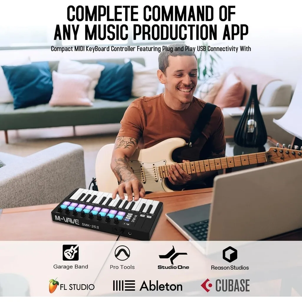 M-VAVE smk-ⅱ-controlador de teclado MIDI de 25 teclas con 16 almohadillas de tambor retroiluminadas, teclado dinámico profesional semiponderado con Bluetooth