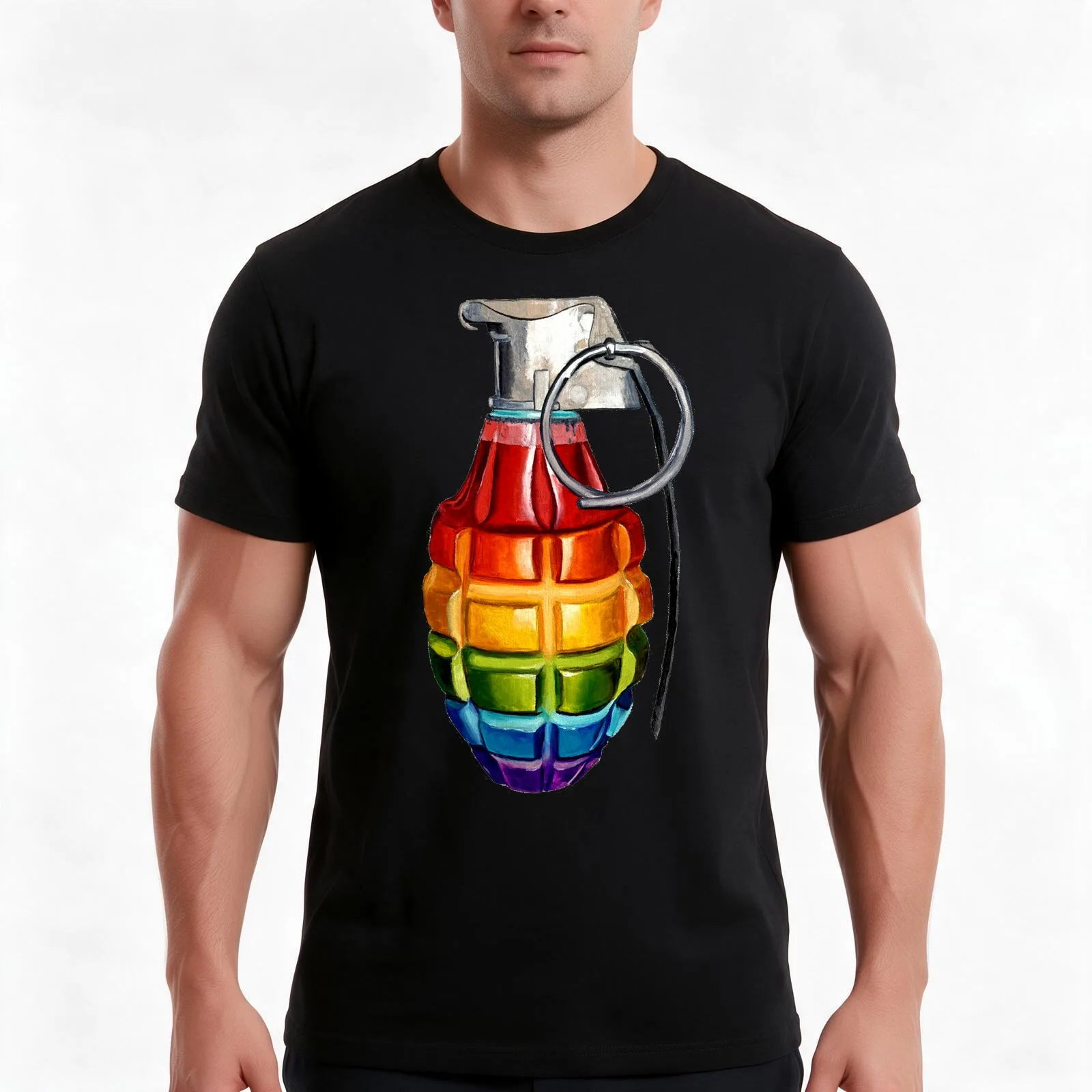 Rainbow Grenade T-Shirt, Summer Casual Cotton Tee, Oversized Streetwear Tops, Vintage Graphic Print, Loose Fit Short Sleeve