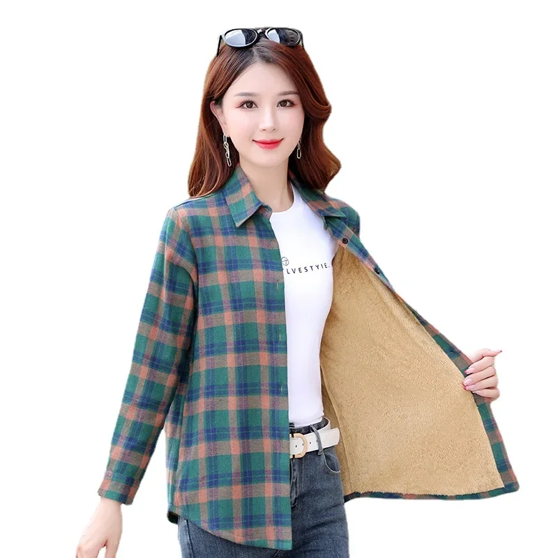 Thick Warm Women\'s Winter Slim Plaid Shirt Female Oversied Long Sleeve Tops XL-5XL Fleece Casual Checkered Blouse Women Clothes