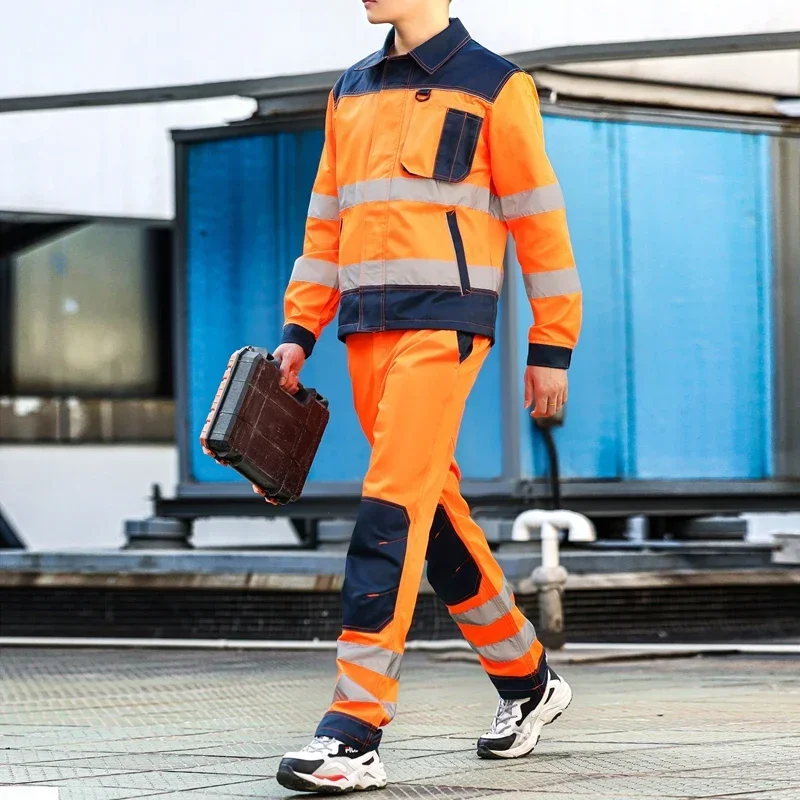 High Visibility Work Wear Set Men Reflective Safety Jacket+cargo Pant Clothing Workwear Orange Multi Pockets Resistant Suit New