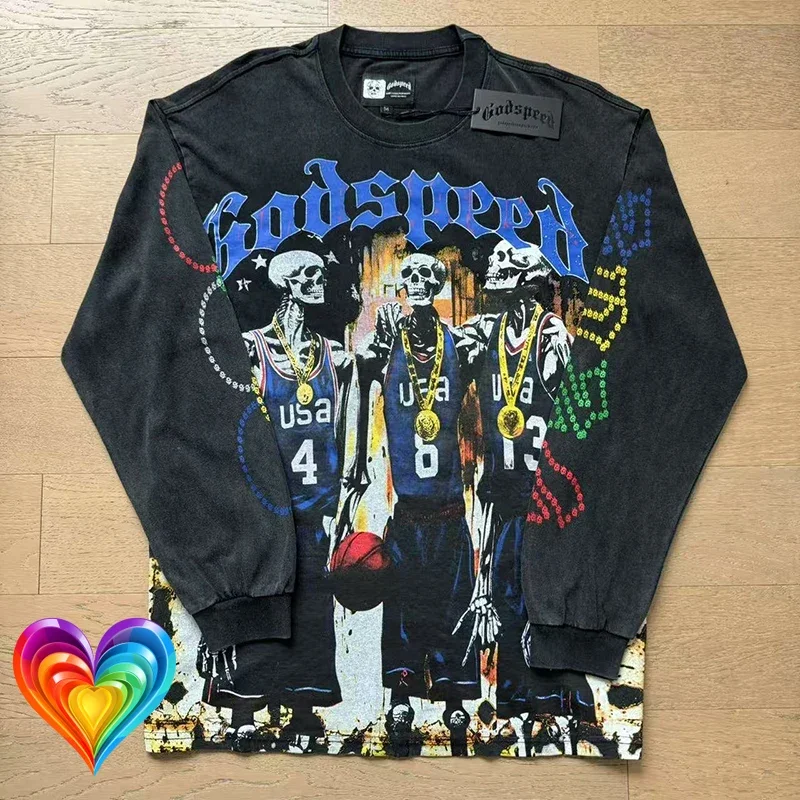 

Long Sleeve Washed God Speed Basketball Player Print T-shirt Men Women Black Vintage High Quality Cotton Godspeed T Shirt Tops