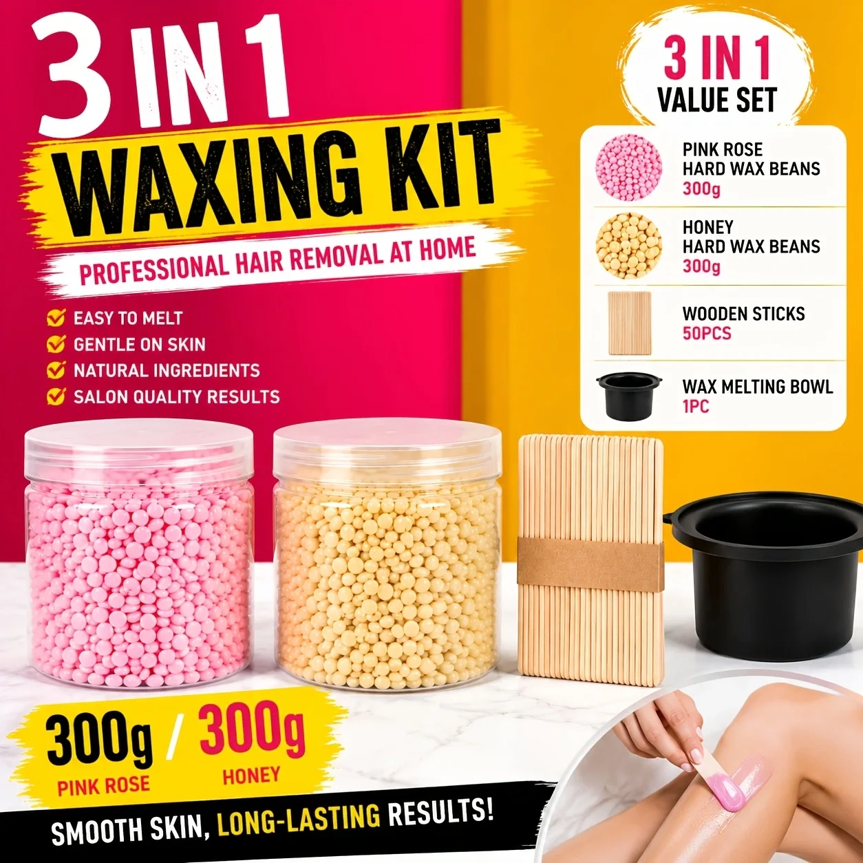 Natural 300g Hard Wax Beans Kit, Dual Scent, Silicone Bowl & 10 Applicators, Long Lasting Smooth Skin